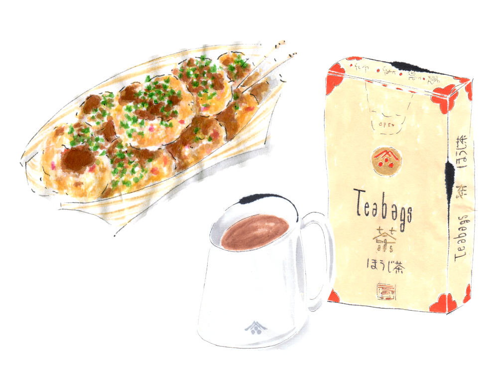 たこ焼きとほうじ茶。