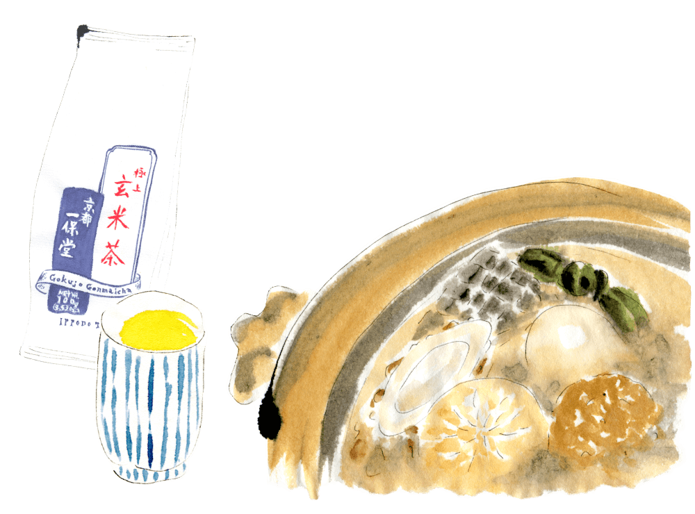 熱々おでんと温かい極上玄米茶。