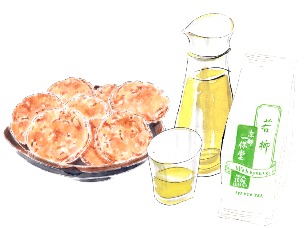 醤油せんべいと若柳。