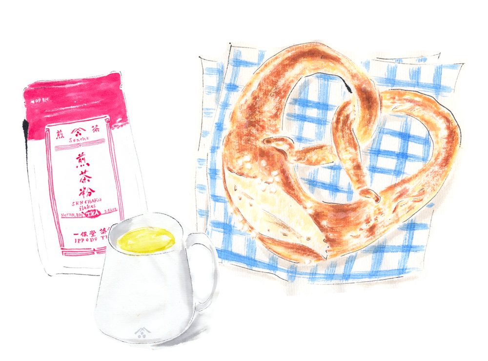プレッツェルと煎茶粉。
